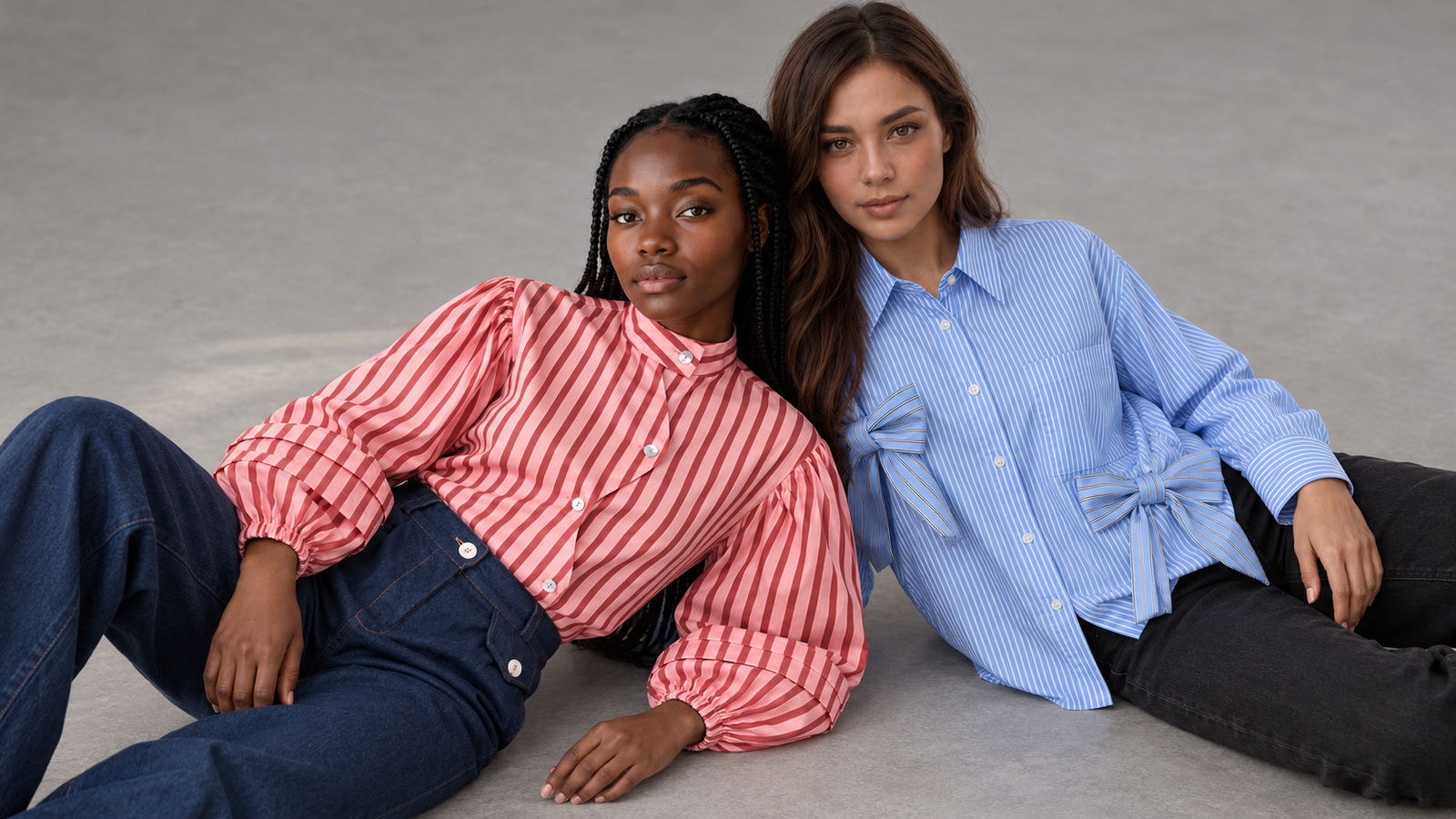 Aminia et Lilly allongées côte à côte sur le sol du studio, en chemises rose et bleue
