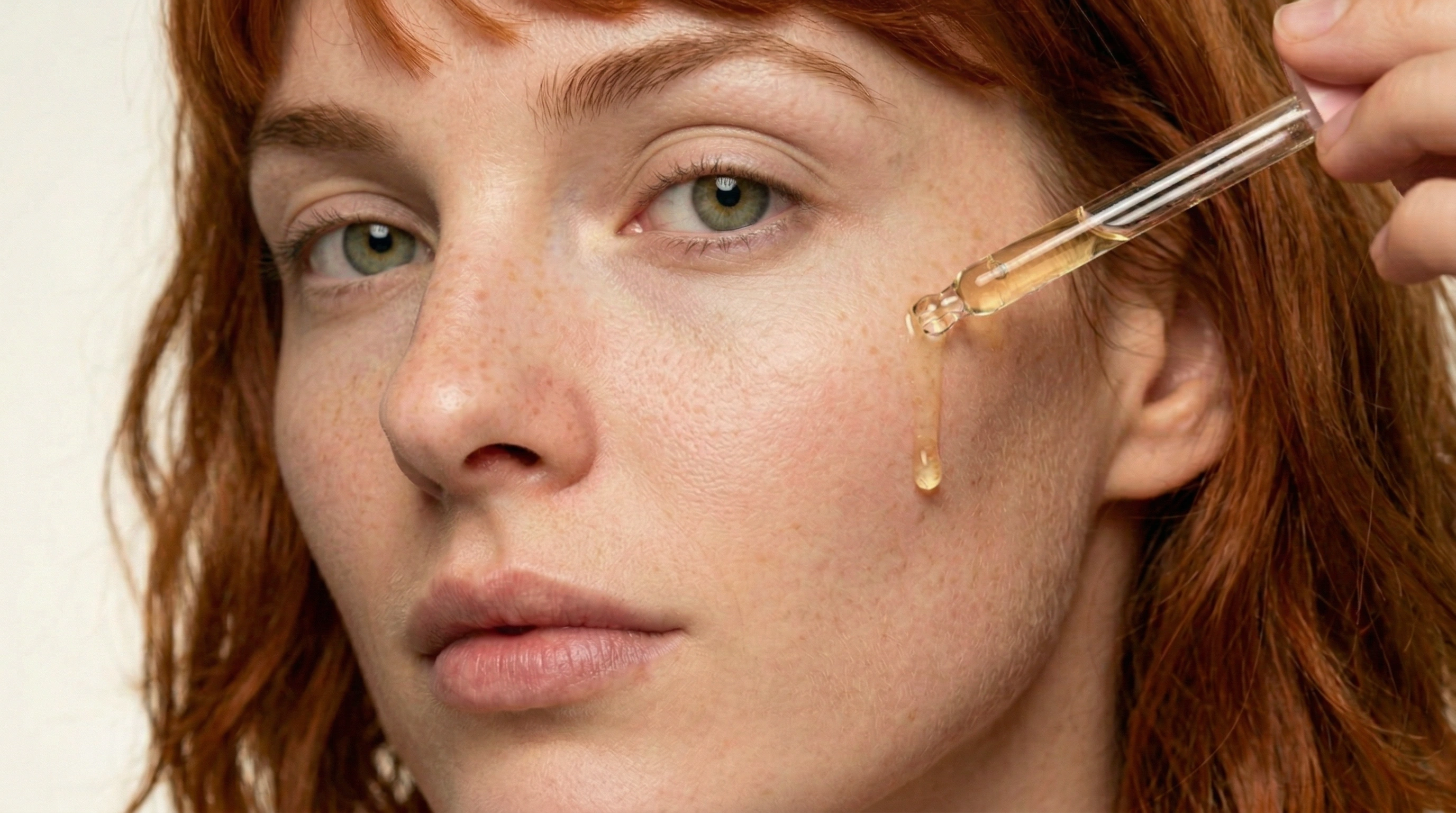 Portrait roux avec pipette : taches de rousseur et lumière sur la peau