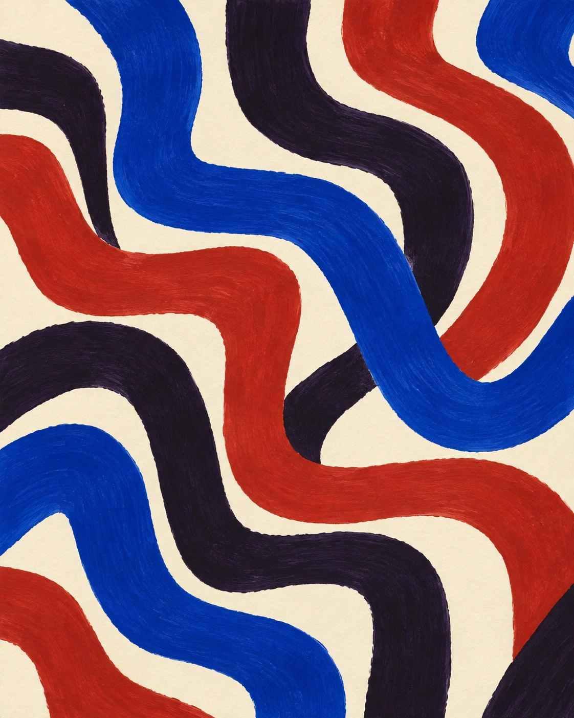 Motif original aux courbes cobalt, brique et prune sur fond crème